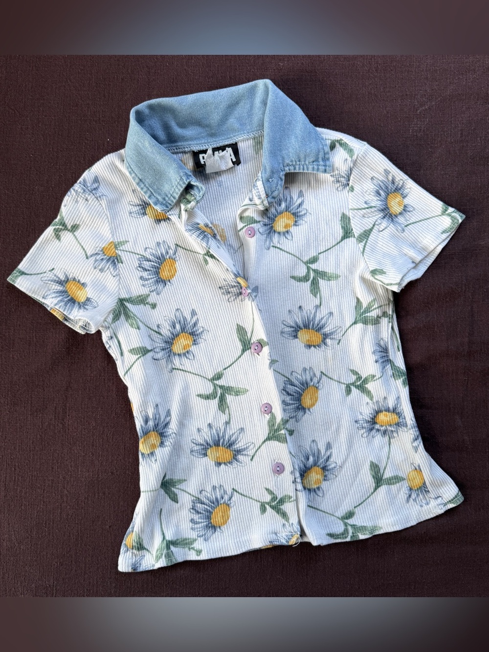Vintage Y2K Daisy Daisy Floral Printed Ribbed Baby Tee Denim Polo Top XS/S